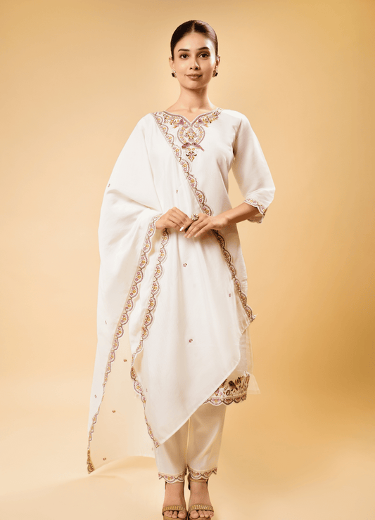 White Straight Kurta Set with Sparrow Embroidery & Heavy Border Dupatta