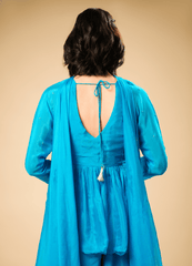 Deep Sky Blue Peplum Set with Flared Palazzo & Neck Patch Dupatta