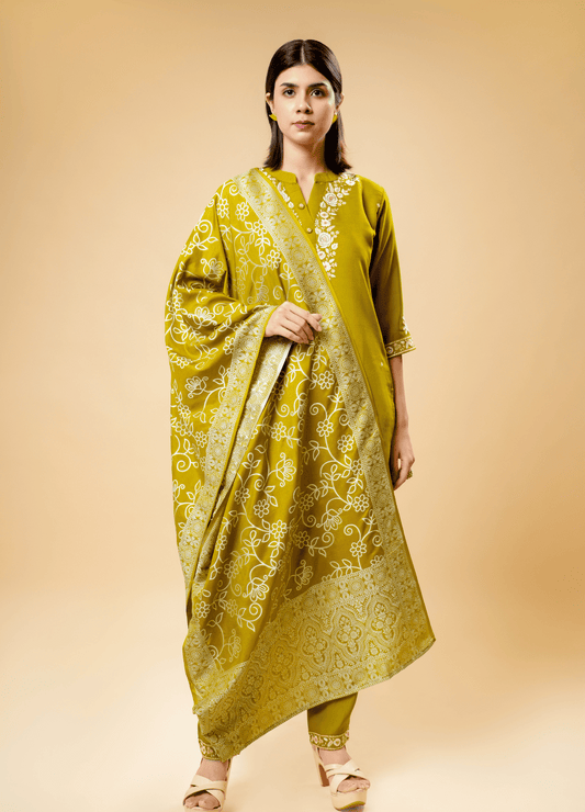 Munsell Yellow Straight Kurta Pant Set with Printed Dupatta