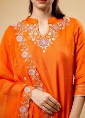 Tiger Orange Kurta Pant Set with Unique Neckline & Heavy Border Dupatta