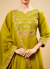 Brass Yellow Flared Kurta Pant Set with Contrast Thread Cut Work