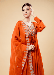 Amber Orange Anarkali Set with Embroidery & Dupatta