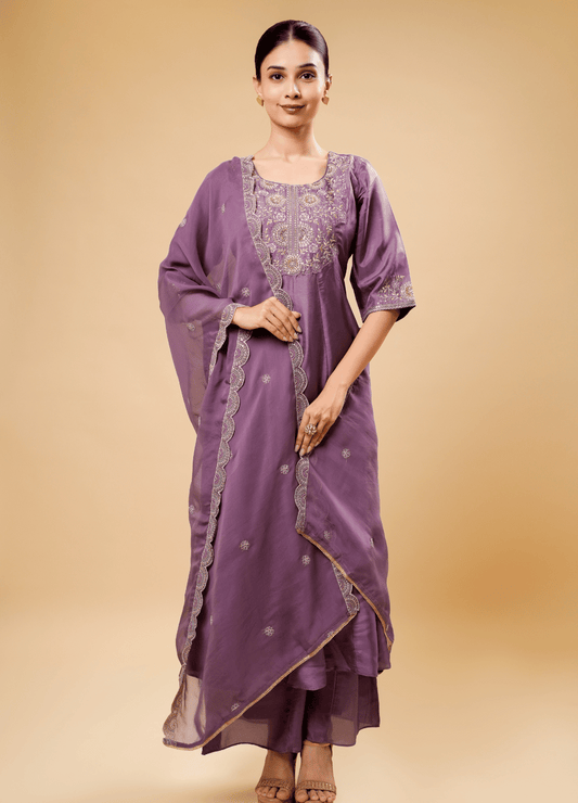 Mauve Purple Flary Palazzo Set with Half Circle Border Dupatta