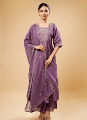 Mauve Purple Flary Palazzo Set with Half Circle Border Dupatta