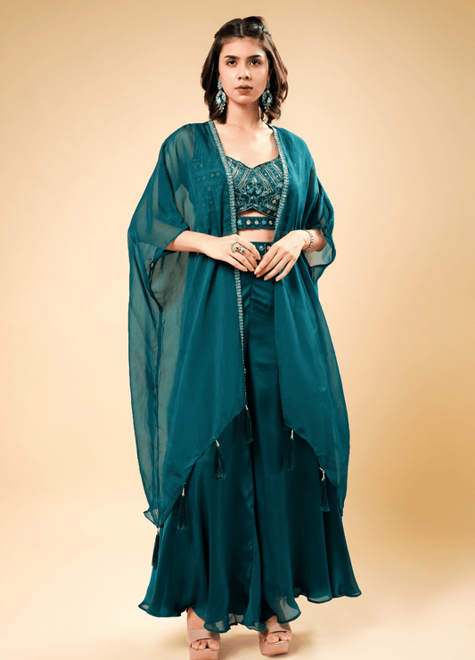 Dark Peacock Green Indo-Western Set with Designer Shrug