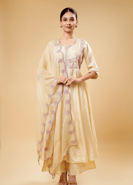 Cream Kurta Set with Border Dupatta