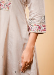 Kilim Beige Flared Kurta Set with Contrast Thread Work & Dupatta