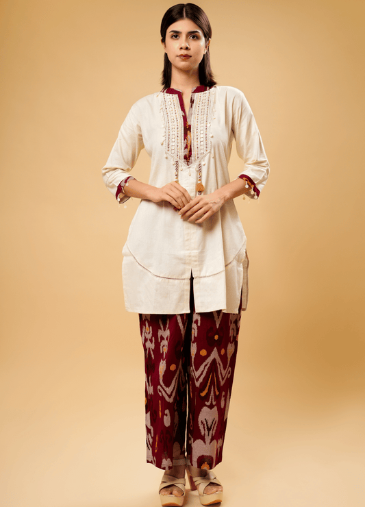 Ivory Cotton Kurta Set with Tassel Detailing & Ikat Pants