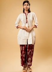 Ivory Cotton Kurta Set with Tassel Detailing & Ikat Pants