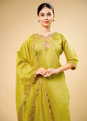 Safety Yellow Straight Pant Set with Sparrow Design Dupatta