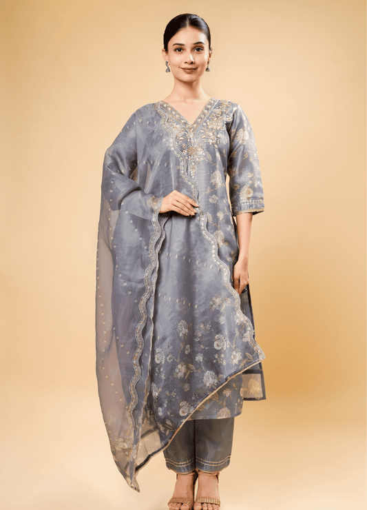 Steel Gray Pant Pair with Flower Shimmer Print & Dupatta