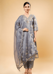 Steel Gray Pant Pair with Flower Shimmer Print & Dupatta
