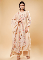 Ivory Kurta Set with Pastel Floral Embroidery & Dupatta