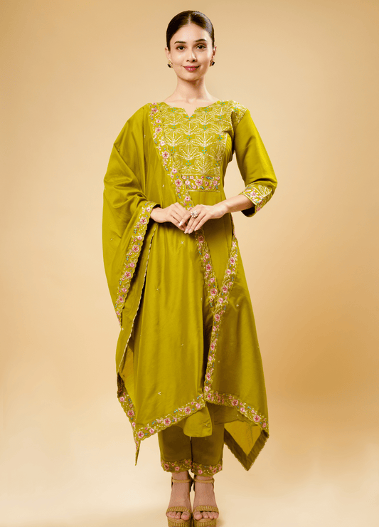 Brass Yellow Flared Kurta Pant Set with Contrast Thread Cut Work
