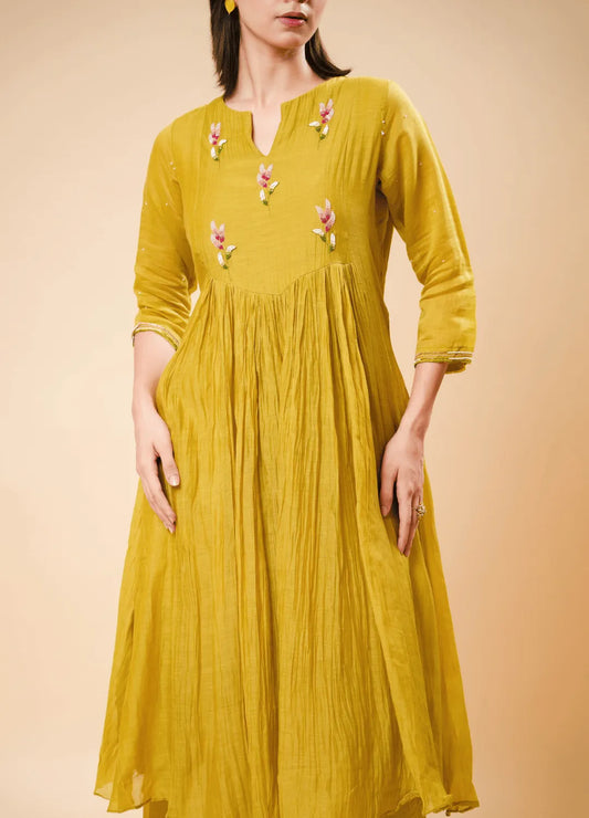 Light Caramel Flared Kurta Set with Hand Moti Patch Work & Dupatta