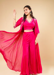 Hot Pink Palazzo Set with Crop Top & Long Shrug