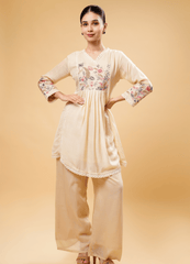 Ivory Kurta Set with Pastel Floral Embroidery & Palazzo