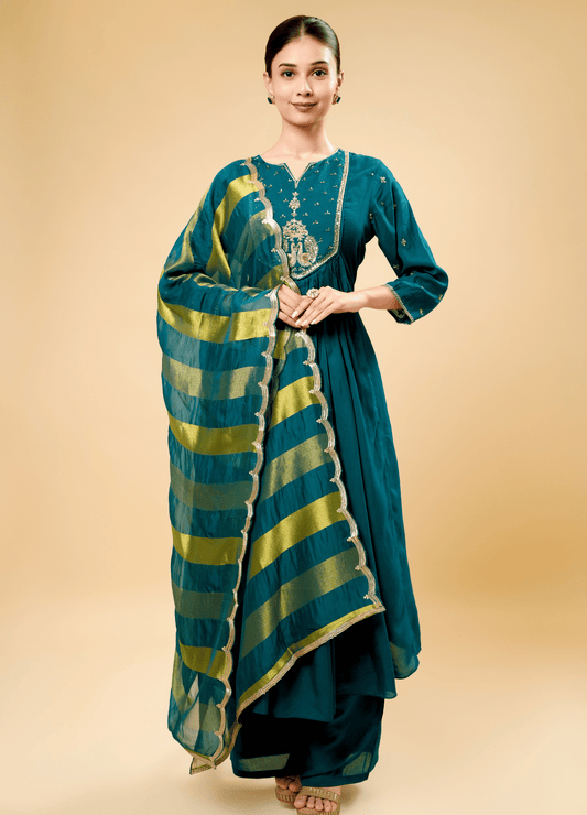Deep Sea Green Kurta Set with Jardosi Peacock Art & Weaving Dupatta