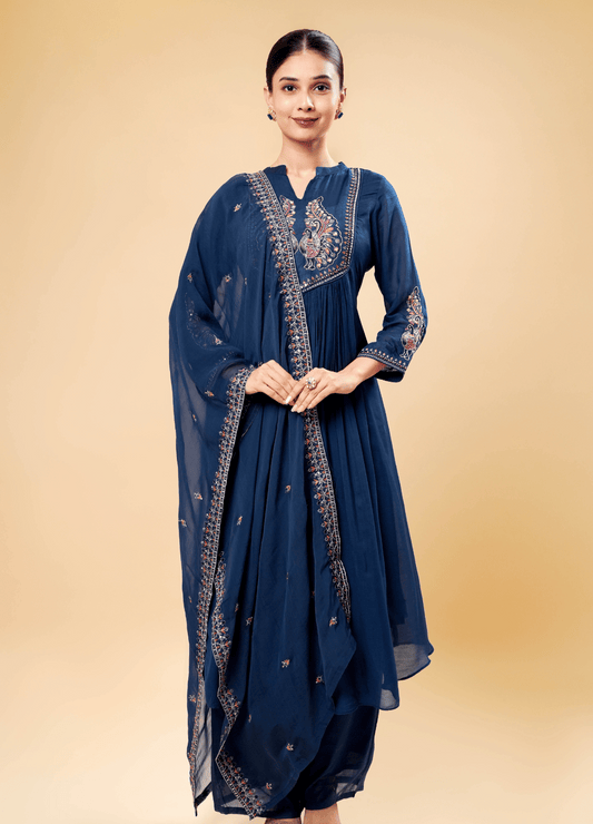 Royal Blue Anarkali Kurta Set with Katdana & Jardosi Work