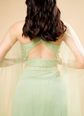 Mint Green Draped Skirt Set with Designer Crop Top & Frill Dupatta