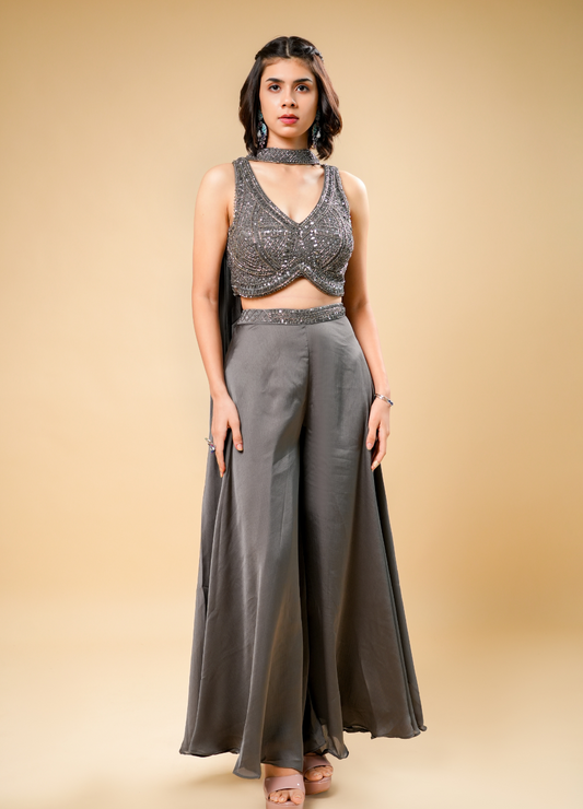 Designer Gray Indo-Western Set with Crop Top, Flared Palazzo & Patch Dupatta