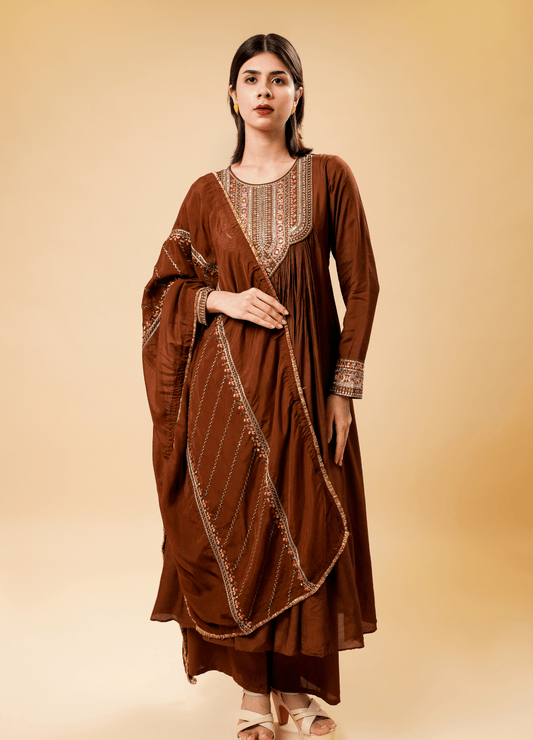 Mocha Anarkali Set with Dupatta