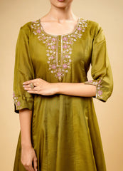 Shiny Mustard Silk Kurta Plazo Set with Dupatta & Hand Embroidery