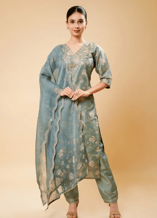 Tempered Grey Pant Pair with Floral Shimmer Print