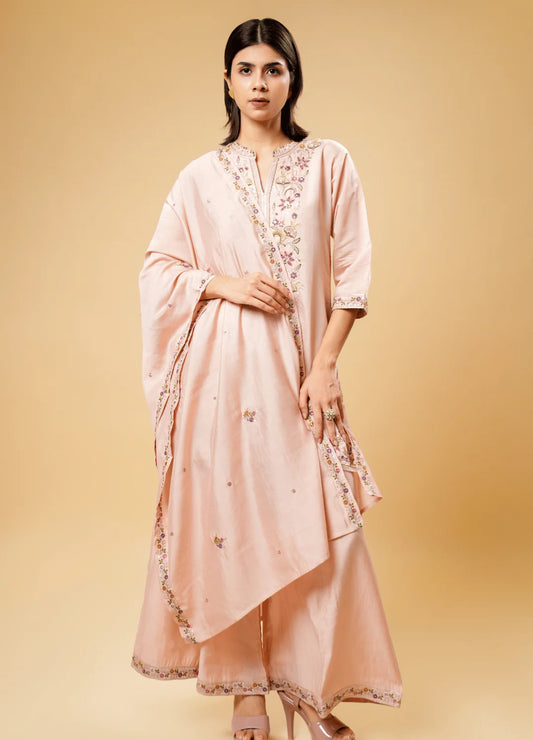 Pastel Pink Kurta Palazzo Set with Embroidered Dhaga Work & Border Dupatta