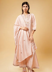 Pastel Pink Kurta Palazzo Set with Embroidered Dhaga Work & Border Dupatta