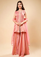 Salmon Blush Pink Peplum Set with Flared Palazzo & Chiffon Dupatta