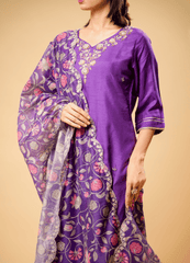 Purple Straight Kurta Pant Set with Printed Dupatta
