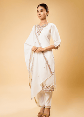White Straight Kurta Set with Sparrow Embroidery & Heavy Border Dupatta