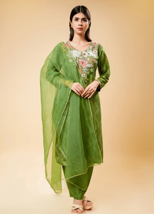 Mehndi Green Embroidered Cotton Kurta Set with Dupatta