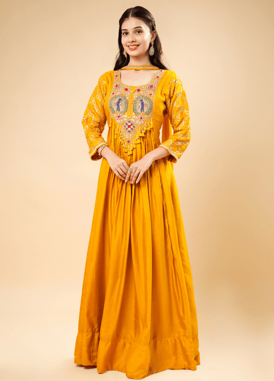Mustard Anarkali Set with Embellished Neckline