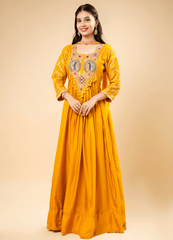 Mustard Anarkali Set with Embellished Neckline