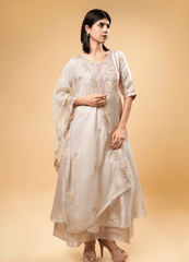 Ivory Kurta Set with Pastel Floral Embroidery & Dupatta