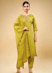 Safety Yellow Straight Pant Set with Sparrow Design Dupatta