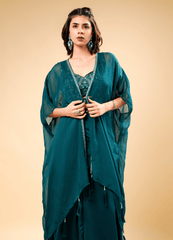 Dark Peacock Green Indo-Western Set with Designer Shrug