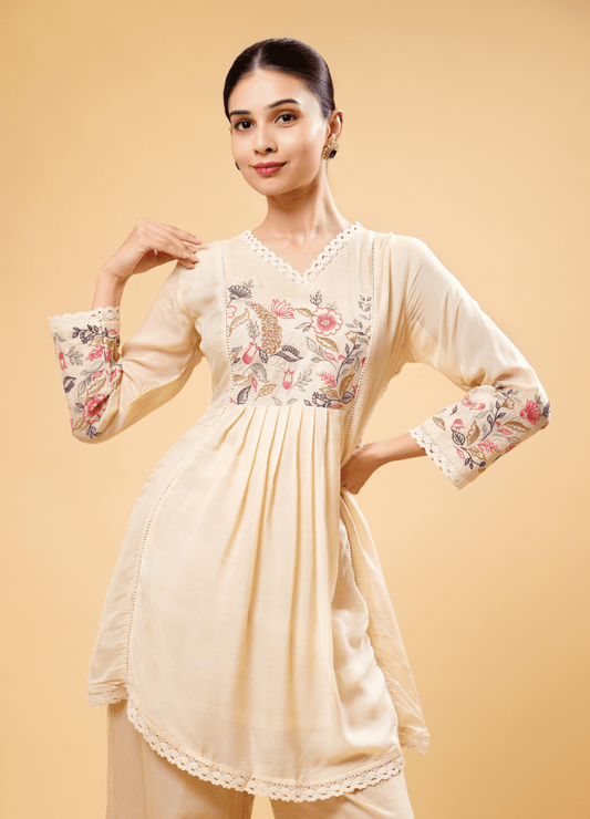 Ivory Kurta Set with Pastel Floral Embroidery & Palazzo