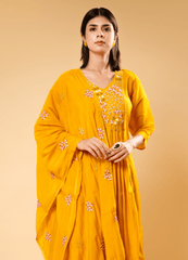 Mango Shade Round Kurta Set with Hand-Embroidered Buti Dupatta
