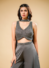 Designer Gray Indo-Western Set with Crop Top, Flared Palazzo & Patch Dupatta