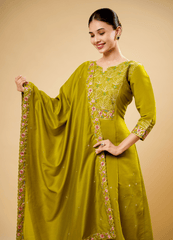 Brass Yellow Flared Kurta Pant Set with Contrast Thread Cut Work