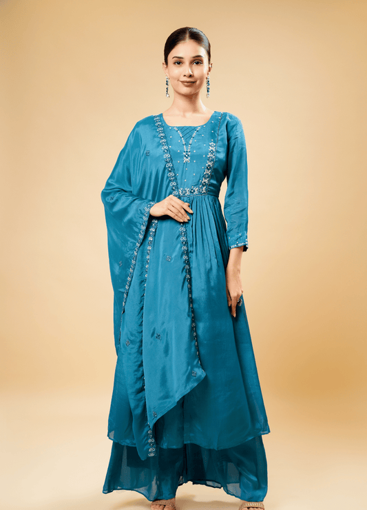 Deep Sea Green Kurta Pant Set with Chiffon Border Dupatta