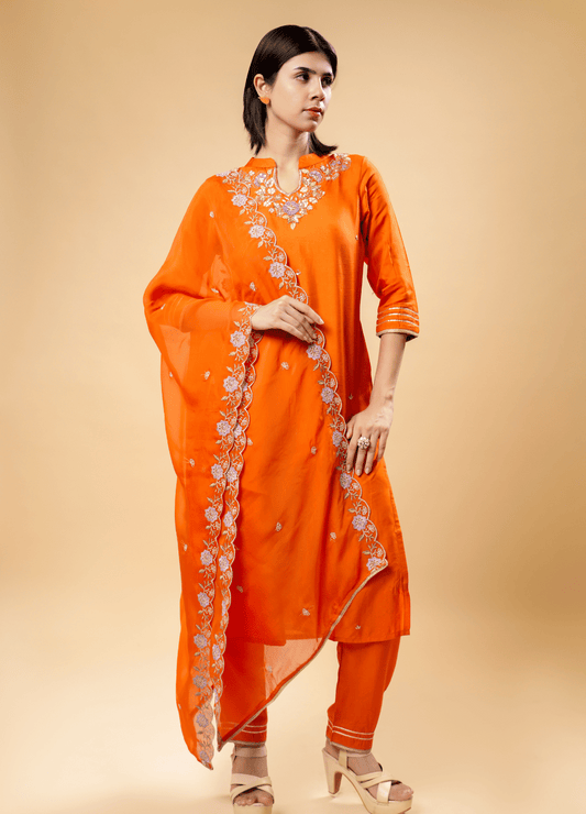 Tiger Orange Kurta Pant Set with Unique Neckline & Heavy Border Dupatta