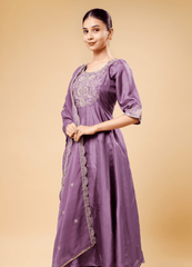 Mauve Purple Flary Palazzo Set with Half Circle Border Dupatta