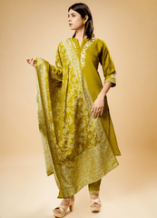 Munsell Yellow Straight Kurta Pant Set with Printed Dupatta