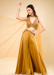 Golden Flared Indo-Western Set with Designer Crop Top & Neck Patch Dupatta