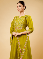 Brass Yellow Flared Kurta Pant Set with Contrast Thread Cut Work