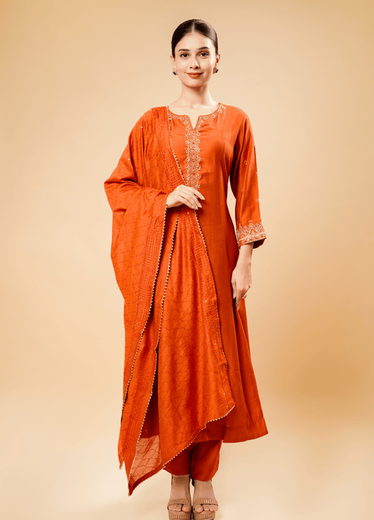 Rust Kurta Pant Set with Embroidery & Dupatta